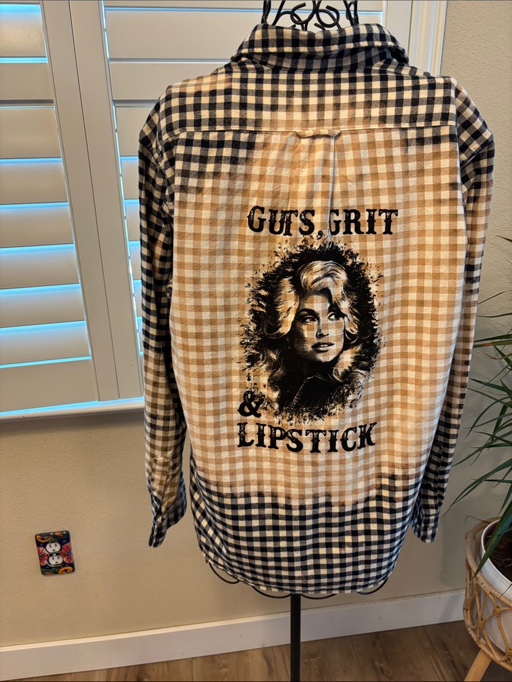 Handmade one of a kind distressed Dolly Parton Plaid Button-Up Shirt
